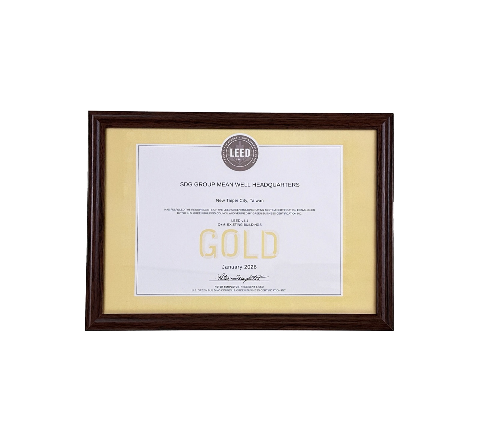 LEED v4.1 O+M Gold 認證獎狀